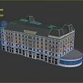 Classical Style Building Featuring Light Colored Facade Blue Roof Multiple Windows And Curved Corner