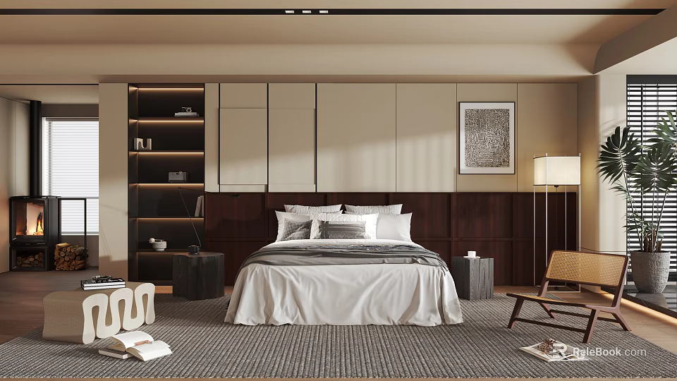 Minimalist Modern Bedroom Interior Design With White Bedding Bookshelf And Floor Lamp 3d model 