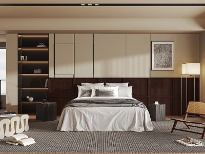 Minimalist Modern Bedroom Interior Design With White Bedding Bookshelf And Floor Lamp 3d model
