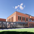 Modern Red Brick Sales Office Building With Large Glass Windows And Front Plaza