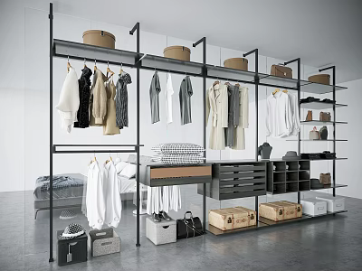 Black Metal Clothing Racks With Hanging Clothes In Modern Walk In Closet 3d model