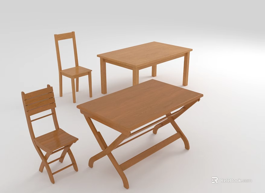 Wooden Furniture Set Including Two Tables And Two Dining Chairs With Foldable Table 3d model 