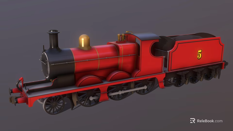Red Vintage Steam Train With Golden Chimney Black Details And Number 5 3d model 