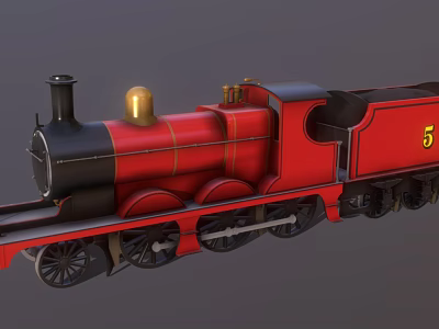 Red Vintage Steam Train With Golden Chimney Black Details And Number 5 3d model
