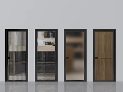 Hinged Doors With Different Glass Panels Wooden Finish And Black Frames For Interior 3d model