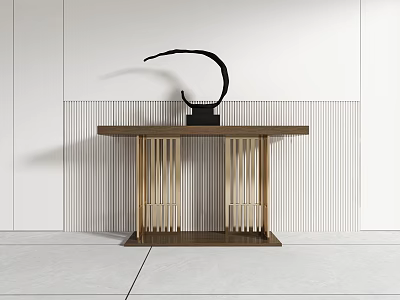 Minimalist Entryway Console Table With Wooden Top Slatted Legs And Curved Black Ornament 3d model
