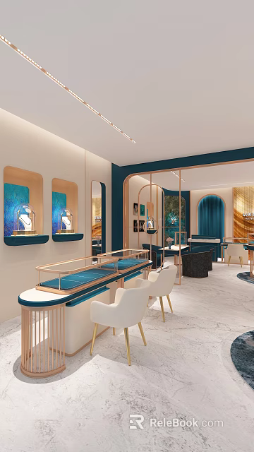 Jewelry Store Interior With Blue Display Cases Golden Frames White Chairs And Mirrors 3d model 