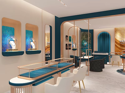 Jewelry Store Interior With Blue Display Cases Golden Frames White Chairs And Mirrors 3d model
