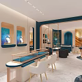 Jewelry Store Interior With Blue Display Cases Golden Frames White Chairs And Mirrors