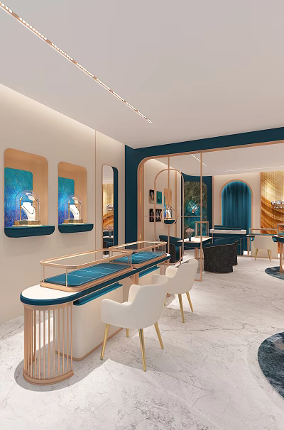 Jewelry Store Interior With Blue Display Cases Golden Frames White Chairs And Mirrors 3d model