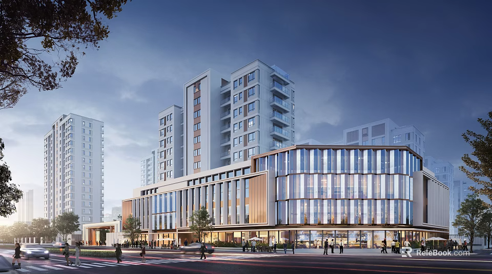 Modern Commercial Street with Glass Curtain Walls High Rise Buildings and Evening Pedestrians 3d model 