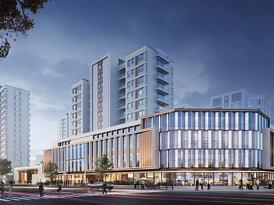 Modern Commercial Street with Glass Curtain Walls High Rise Buildings and Evening Pedestrians 3d model