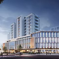 Modern Commercial Street with Glass Curtain Walls High Rise Buildings and Evening Pedestrians