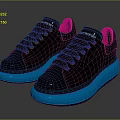 Black Sneakers With Pink And Purple Laces And Blue Thick Soles