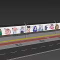 Outdoor Cartoon Graffiti Feature Wall With Bench Pink Flower Bushes Street Lamps And People