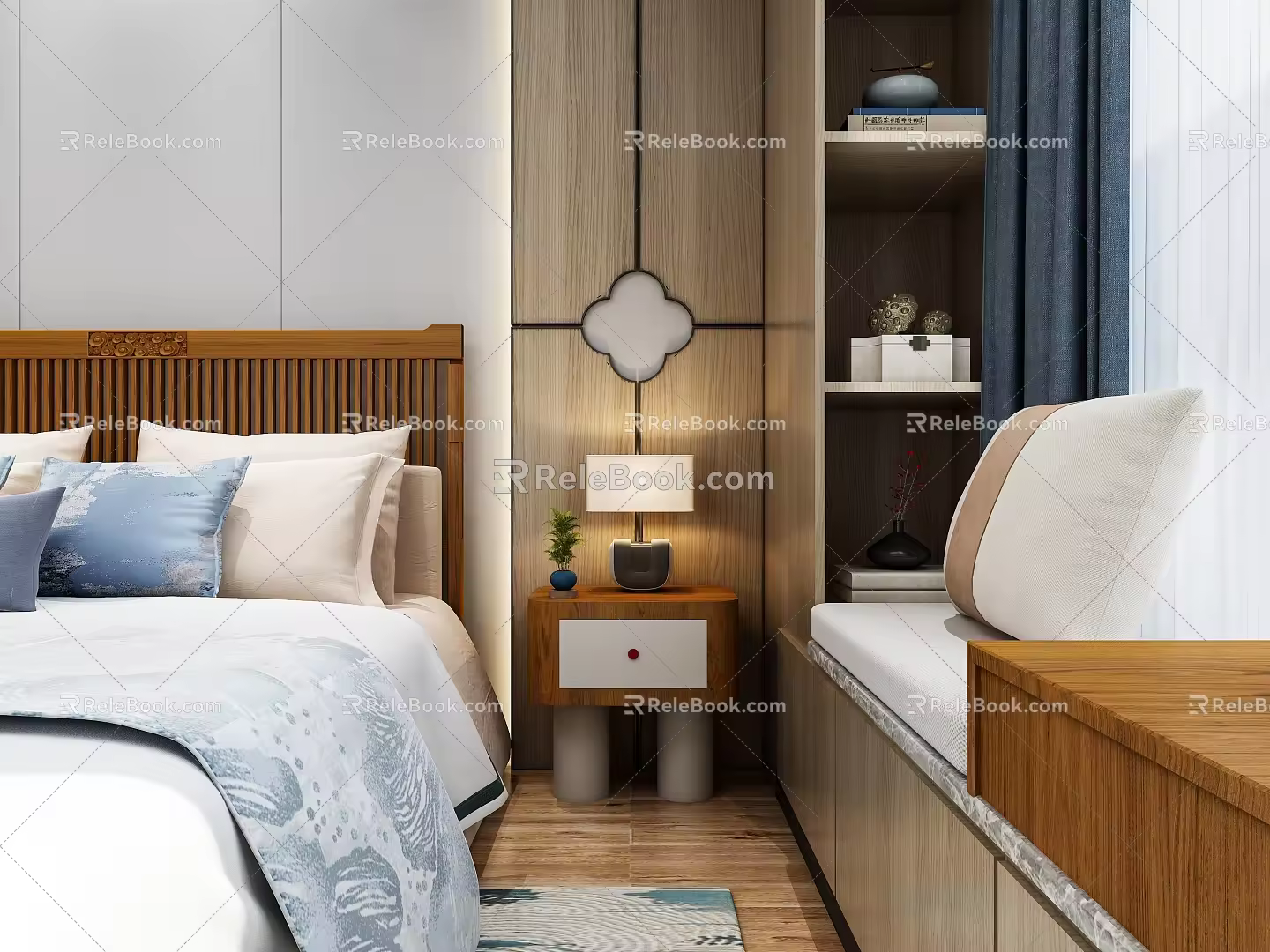 New Chinese Style Simple Solid Wood Bedside Table 3d model