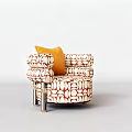 Stylish Single Sofa With Red And White Leaf Pattern Fabric And Yellow Cushion