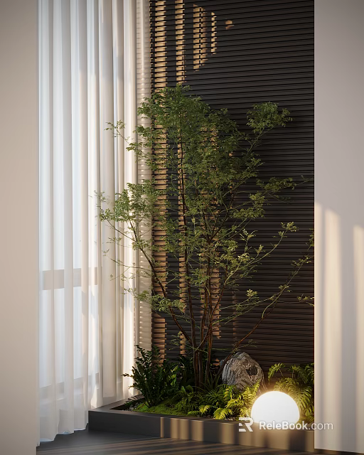 Indoor Landscape With White Curtains Dark Vertical Striped Wall Green Plant And Sunlight Shadows 3d model 