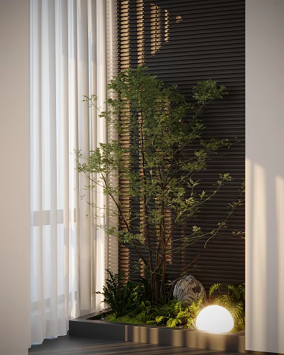 Indoor Landscape With White Curtains Dark Vertical Striped Wall Green Plant And Sunlight Shadows 3d model