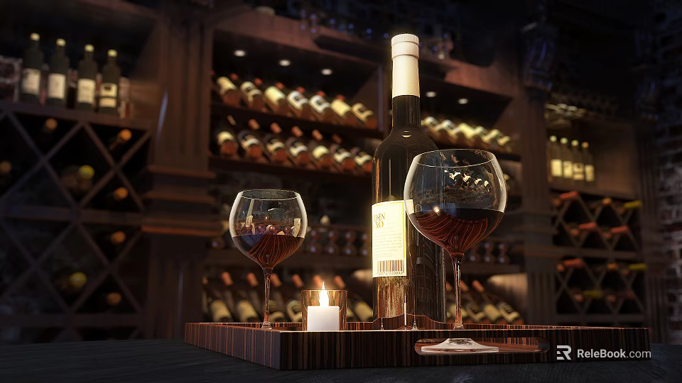 Wine Bottle and Wine Glasses on Wooden Tray with Candle in Wine Cellar 3d model 