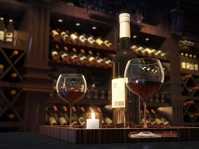 Wine Bottle and Wine Glasses on Wooden Tray with Candle in Wine Cellar 3d model