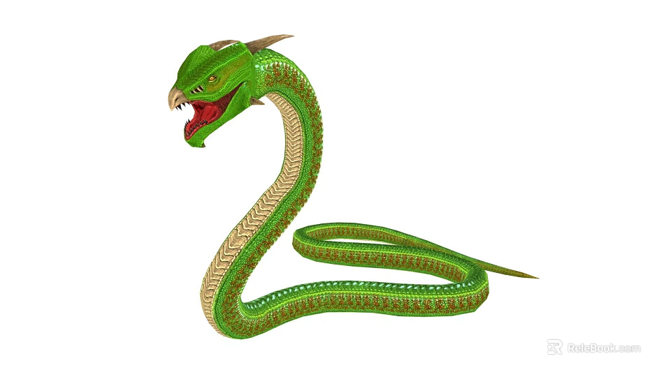 Mythical Green Horned Snake Character with Fanged Mouth and Scaled Body in Game and Movie 3d model 