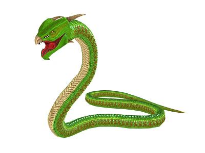 Mythical Green Horned Snake Character with Fanged Mouth and Scaled Body in Game and Movie 3d model