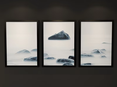 Three Black Framed Ink Style Landscape Paintings With Misty Rocks And Water Surface 3d model