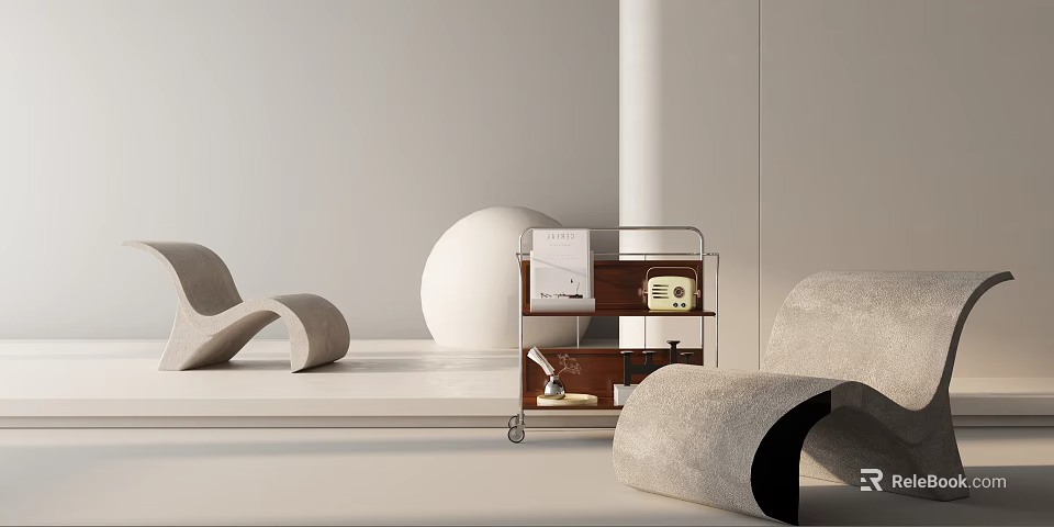 Modern Leisure Chair With Curved Gray Fabric Design And Trolley Cart Books Radio In Interior 3d model