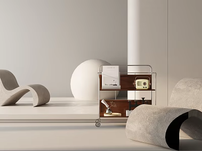 Modern Leisure Chair With Curved Gray Fabric Design And Trolley Cart Books Radio In Interior 3d model