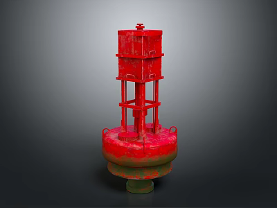 Red Maritime Floating Buoy With Layered Cylindrical Structure And Green Base 3d model