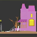 Pink Toy House With Purple Roof Yellow Windows Black Fence Street Lamps Tree And Tombstones