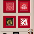 Four Abstract Paintings With Red Frames And Various Abstract Patterns On Wall 3d model