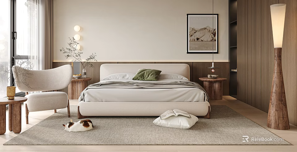 Cozy Bedroom Interior With Neutral Bed Green Pillow Wooden Nightstands Soft Rug And Framed Artwork 3d model 