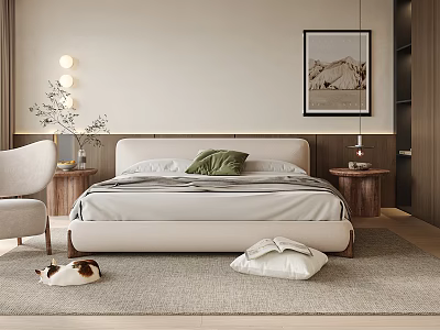 Cozy Bedroom Interior With Neutral Bed Green Pillow Wooden Nightstands Soft Rug And Framed Artwork 3d model