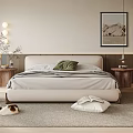Cozy Bedroom Interior With Neutral Bed Green Pillow Wooden Nightstands Soft Rug And Framed Artwork