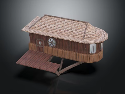 Unique Wooden House With Curved Tiled Roof Circular Window And Elevated Deck 3d model