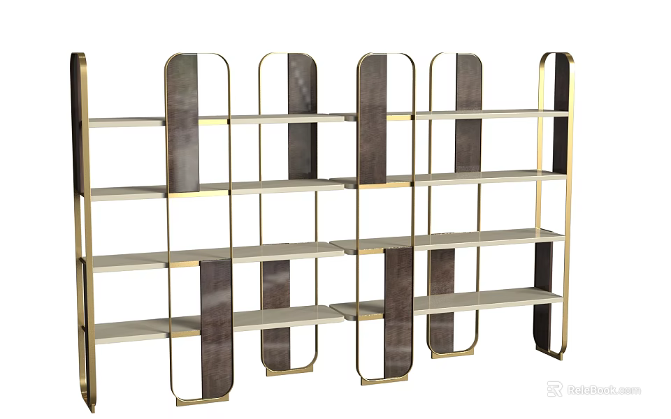 Modern Bookcase With Gold Metal Frame And Dark Wood Layered Open Shelves 3d model 