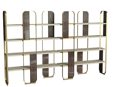 Modern Bookcase With Gold Metal Frame And Dark Wood Layered Open Shelves 3d model