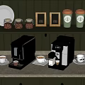 Stylish Kitchen Countertop With Various Coffee Machines Wall Shelves And Storage Cabinets