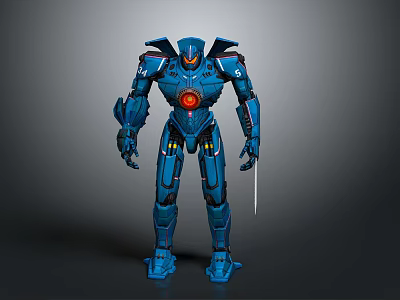 Intelligent Blue Mech Robot With Glowing Red Core And Armored Body 3d model