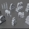 Traditional Architectural Stone Carving Components With Elephant Lion Statues Pillars And Circular Decorations