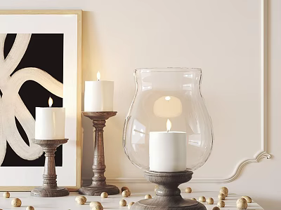 Elegant Glass Candle Lantern With Wooden Base And Golden Decorative Balls On Tabletop 3d model