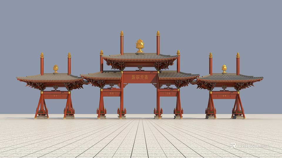 Ancient Chinese Gateway With Red Pillars Golden Decorations Multi Layered Roofs And Stone Paved Square 3d model 