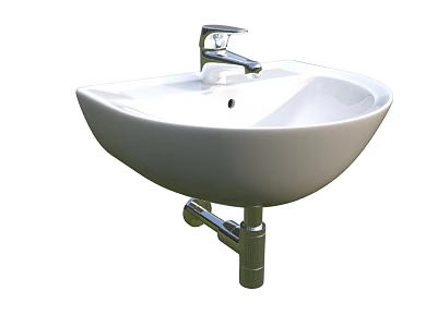 White Ceramic Washbasin with Chrome Faucet and Drain Pipe in Bathroom Setting 3d model