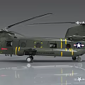 Green Military Helicopter with American Flag Insignia and Yellow Stripes