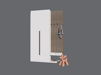 Modern White Shoe Cabinet with Vertical Wooden Stripes Hanging Decor and Pink Slippers 3d model
