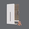 Modern White Shoe Cabinet with Vertical Wooden Stripes Hanging Decor and Pink Slippers