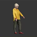 Woman with white hair wearing yellow top green pants red shoes standing against gray background