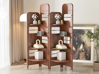 Brown Mobile Multi tiered Bookcase With Books Vases And Decorative Storage Boxes 3d model